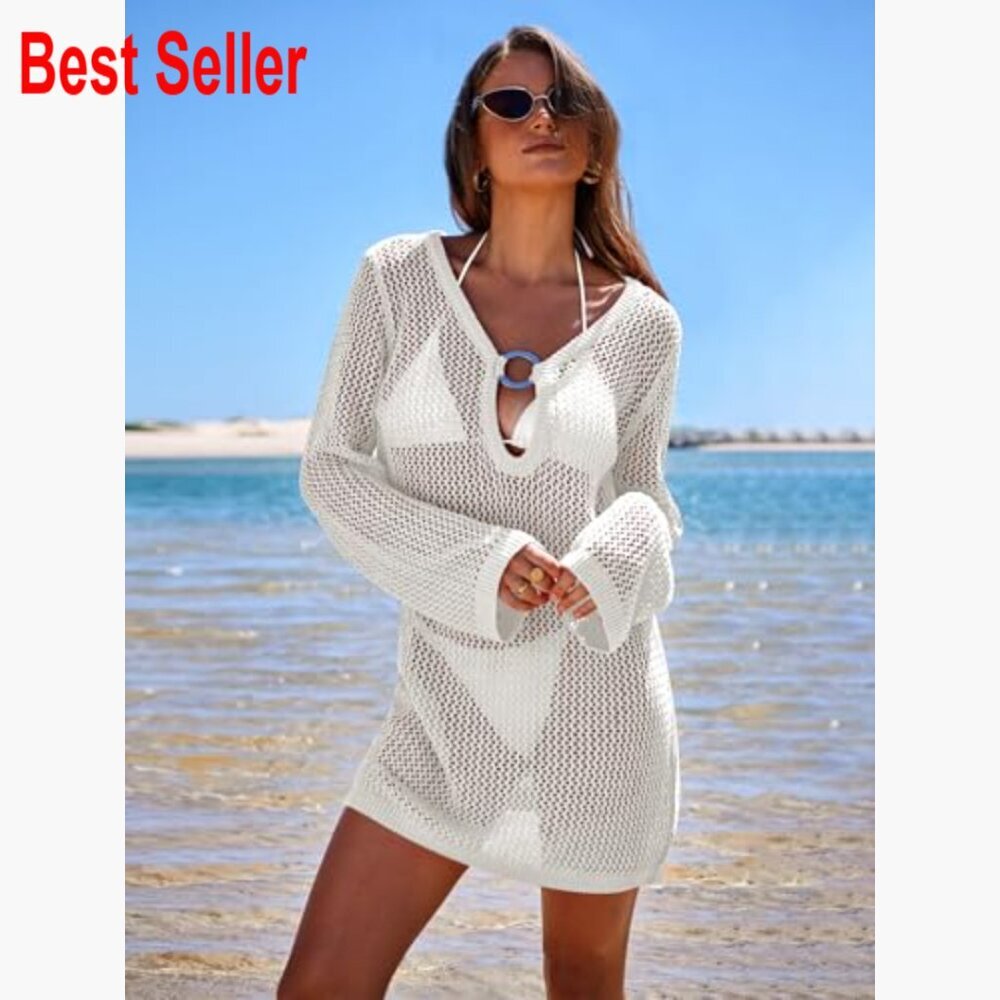 Acrylic Crochet Beach Cover Up Swimsuit Dress Hollow Out Mesh - Picture 3 of 7